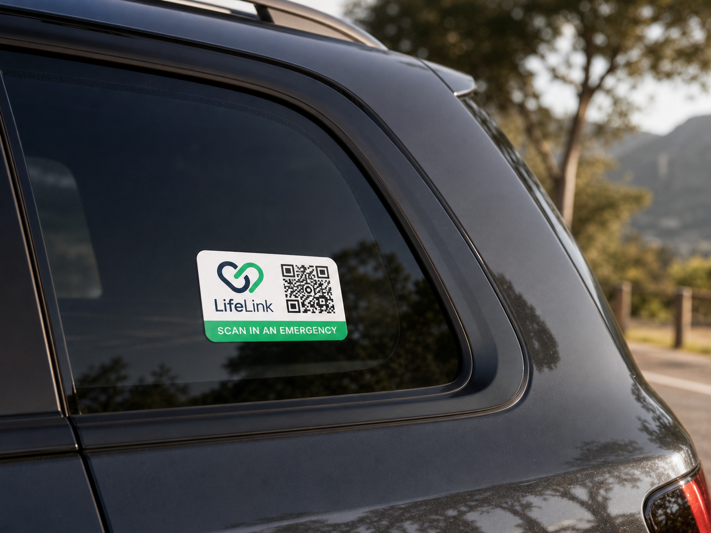 LifeLink emergency QR sticker attached to a car window
